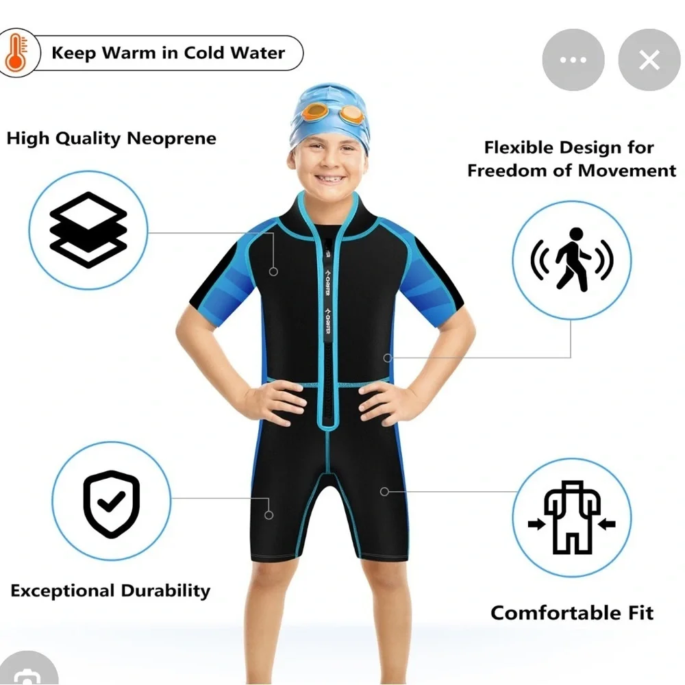 Chriffer Kids Wetsuit Size Large Black/Blue Print Details Short Sleeve Boys